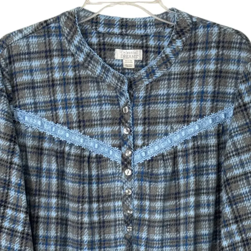 Vintage Fleece Nightgown Blue Plaid Plus Size 2X Grandmacore Cottagecore